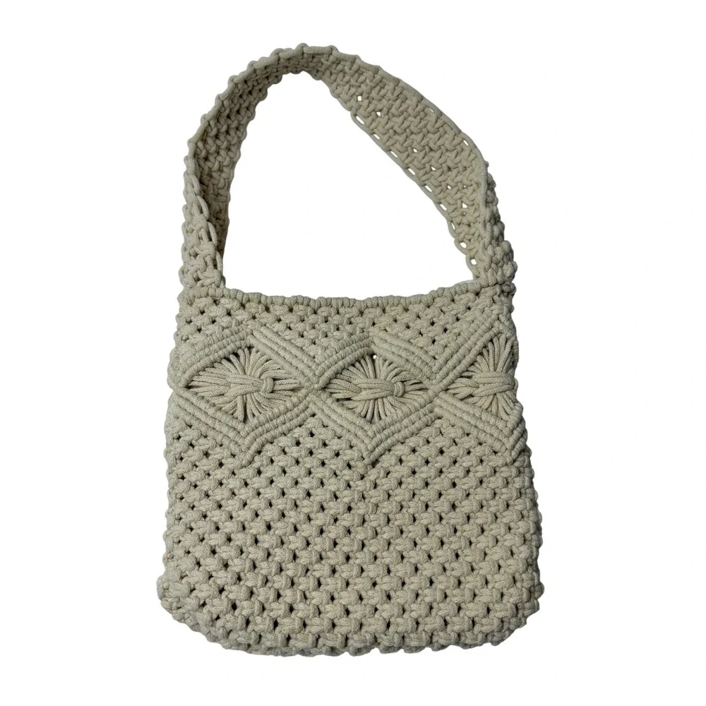 Nanette Lepore Macrame Shoulder Bag Cream Boho Beach Crossbody Purse‎